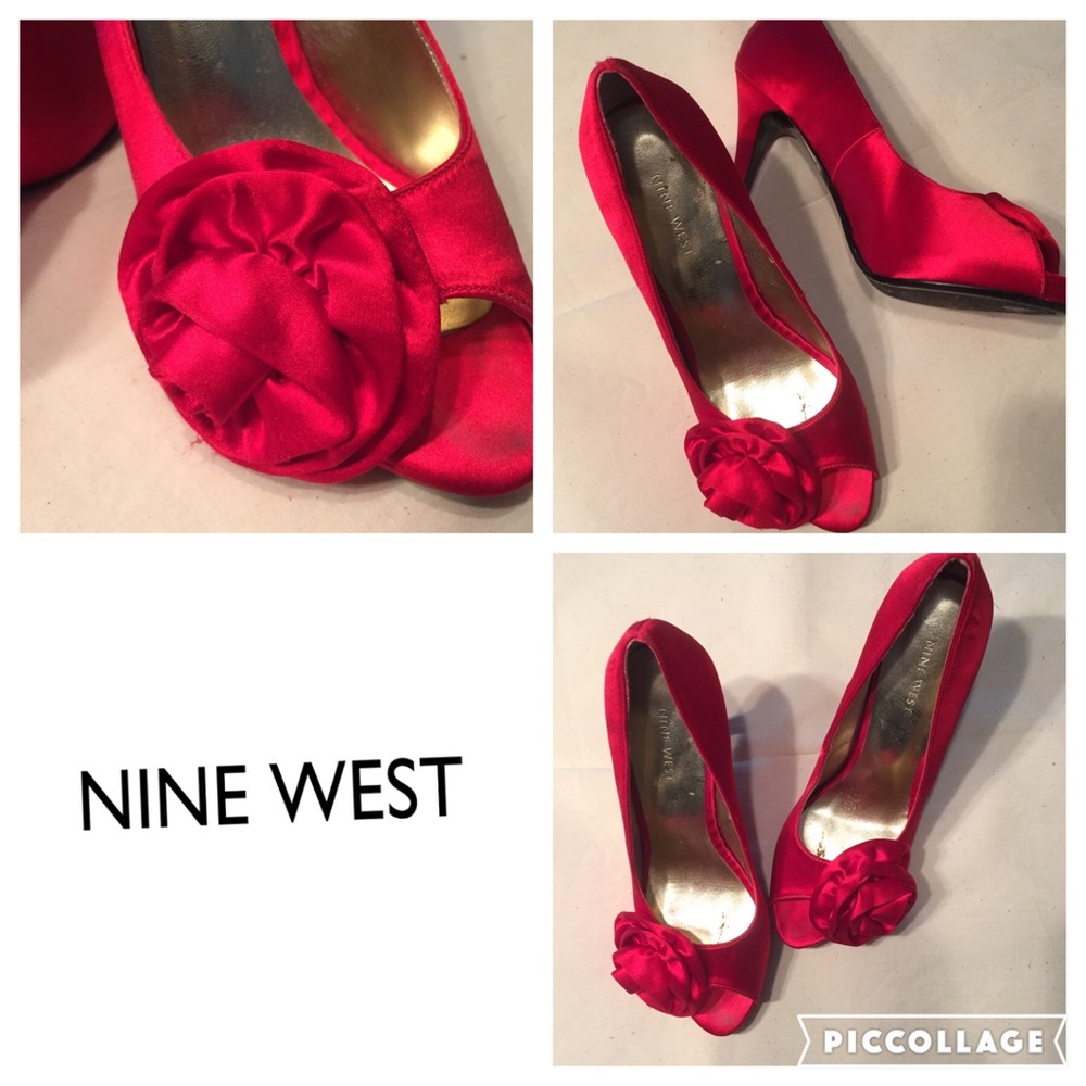 Nine West Red Satin Peep-Toe Heels with Rosette